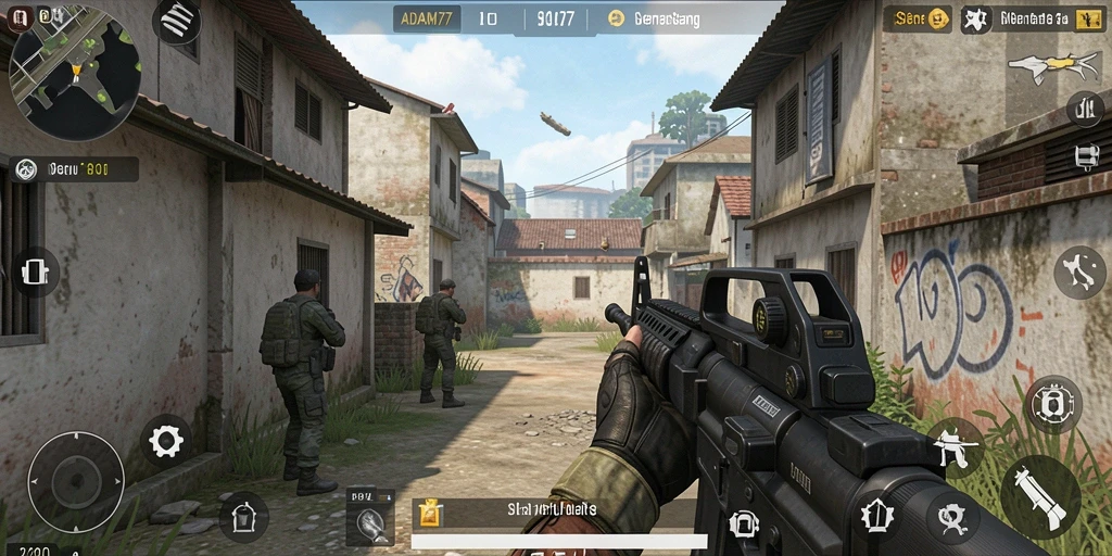 Tampilan gameplay mendebarkan di ADAM77 dengan aksi menembak yang intens.