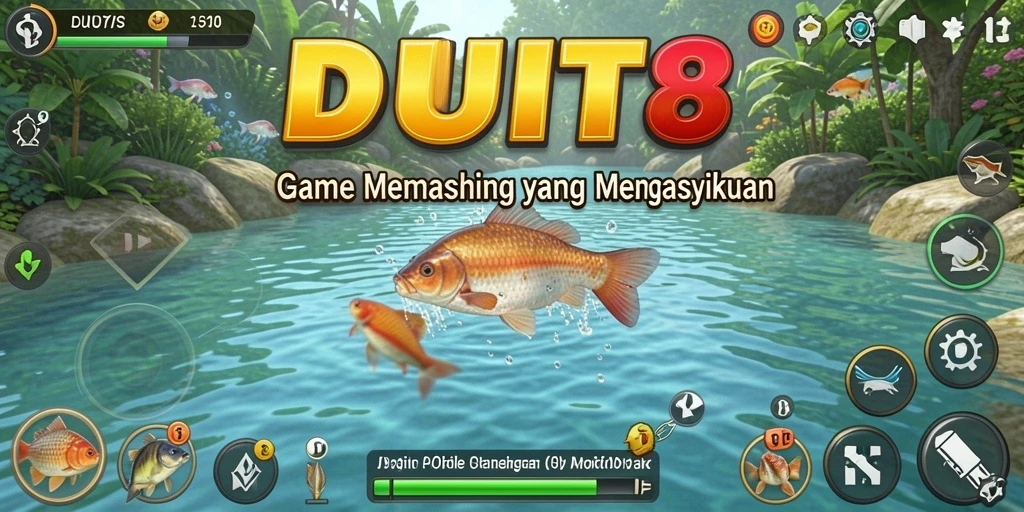 Screenshot gameplay DUIT8 dengan ikan beragam yang menunggu untuk ditangkap.