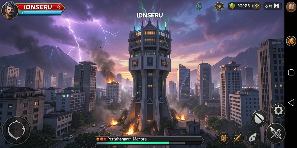 Tangkapan layar gameplay <strong>IDNSERU</strong> menunjukkan pertahanan menara yang strategis.