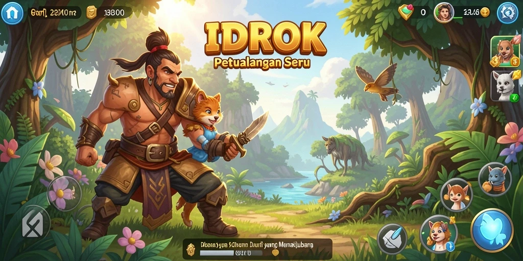 Screenshot gameplay IDROK menunjukkan karakter utama menjelajahi hutan misterius.