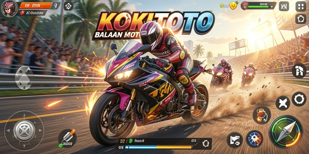 Screenshot gameplay KOKITOTO menunjukkan aksi balap motor yang seru dan mendebarkan.