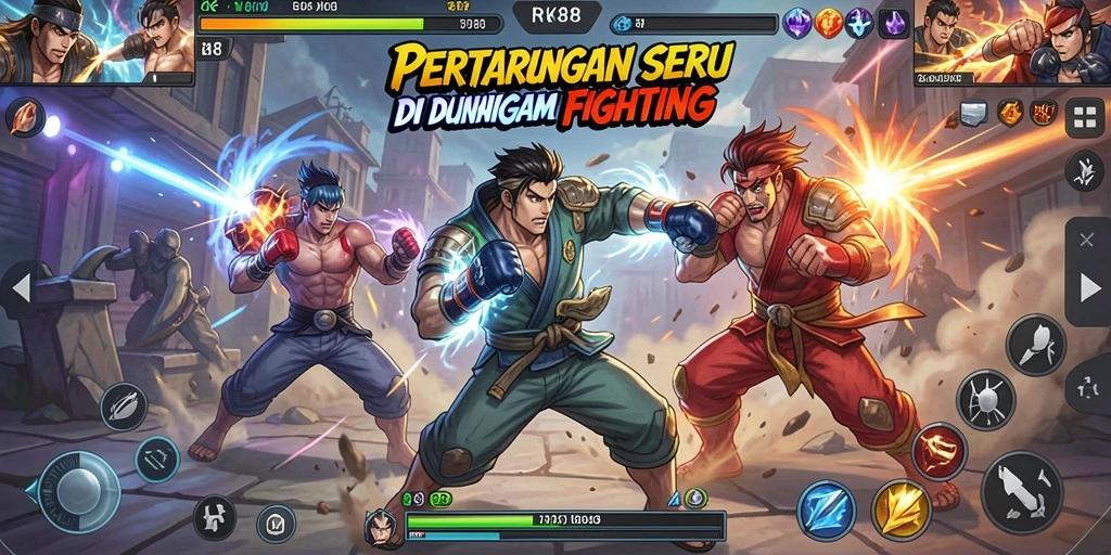 Screenshot utama RK88 menampilkan pertarungan seru dengan karakter unik.