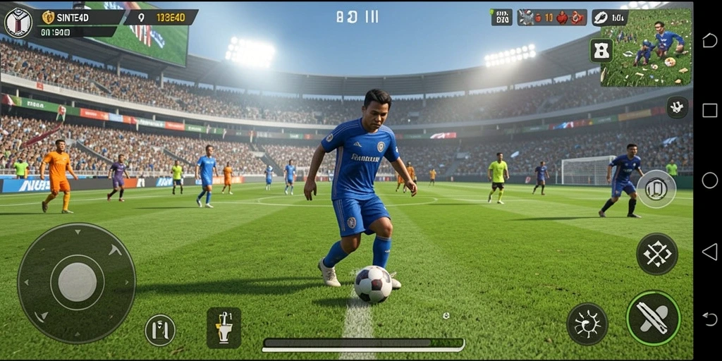 Gameplay SINTE4D menampilkan aksi seru di lapangan sepak bola.
